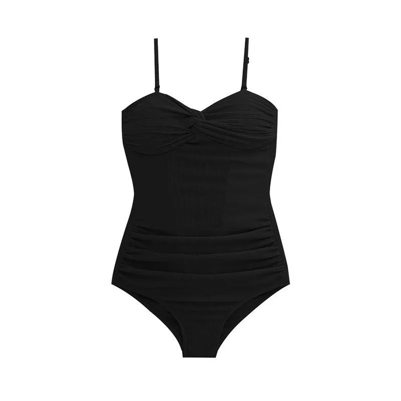 Black women's suspender-style high-waist one-piece swimsuit on a model