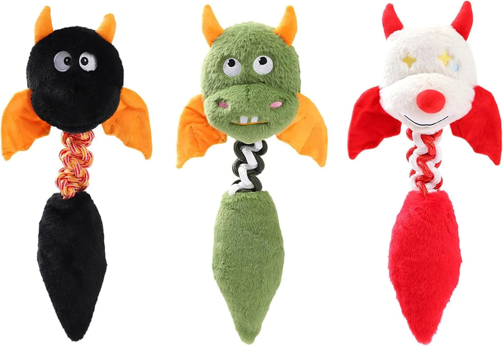 Large plush dog toy with squeaker and rattle in black, green, or red colours, measuring 44cm long