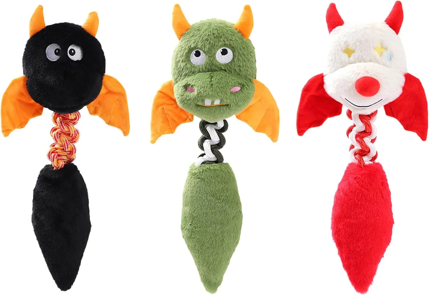 Large plush dog toy with squeaker and rattle in black, green, or red colours, measuring 44cm long