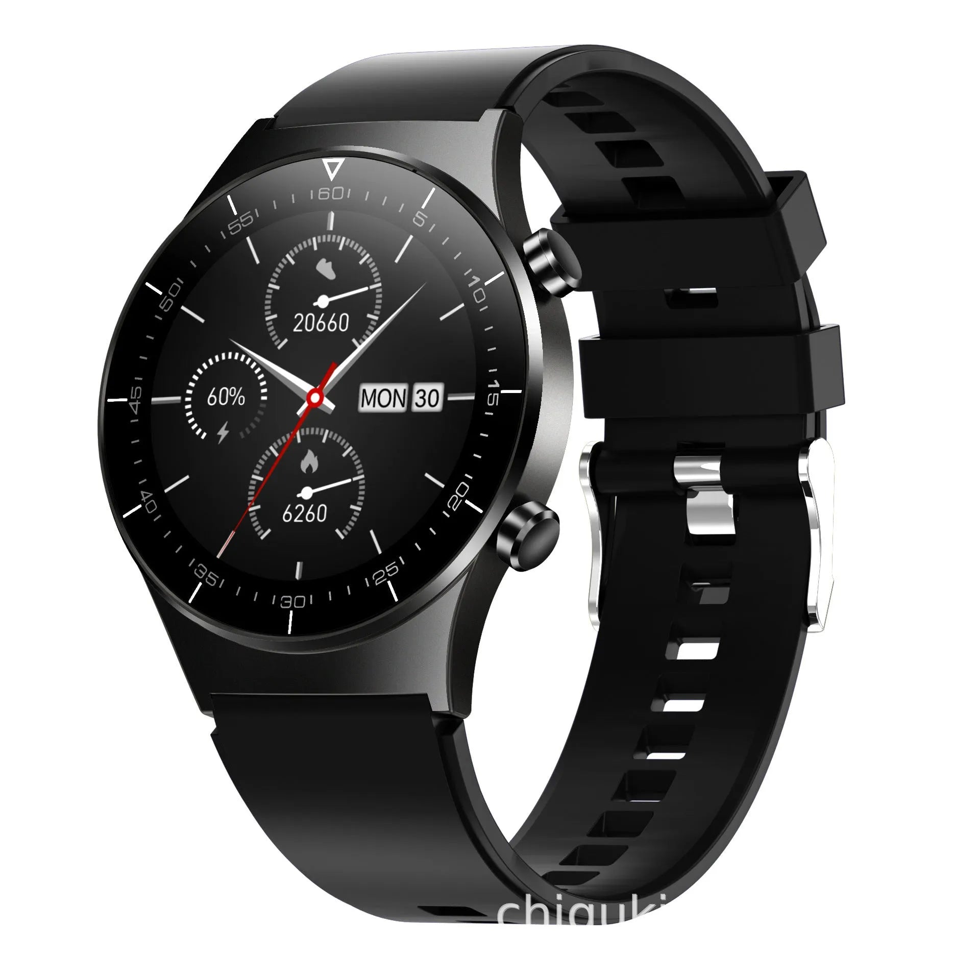 Black smart watch with astronaut bracelet design showing 1.3-inch touch screen displaying heart rate data
