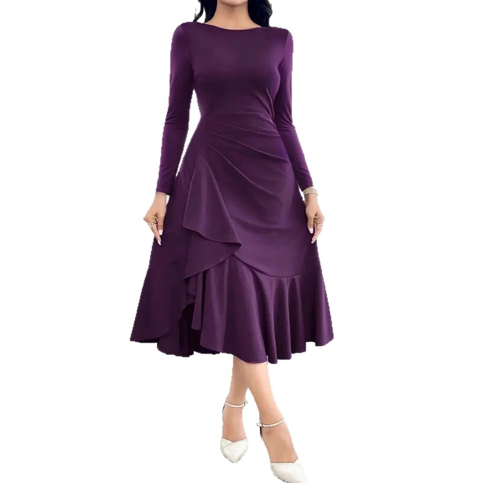 Purple women's long sleeve dress with round neck, ruffles, and mid-waist design on hanger