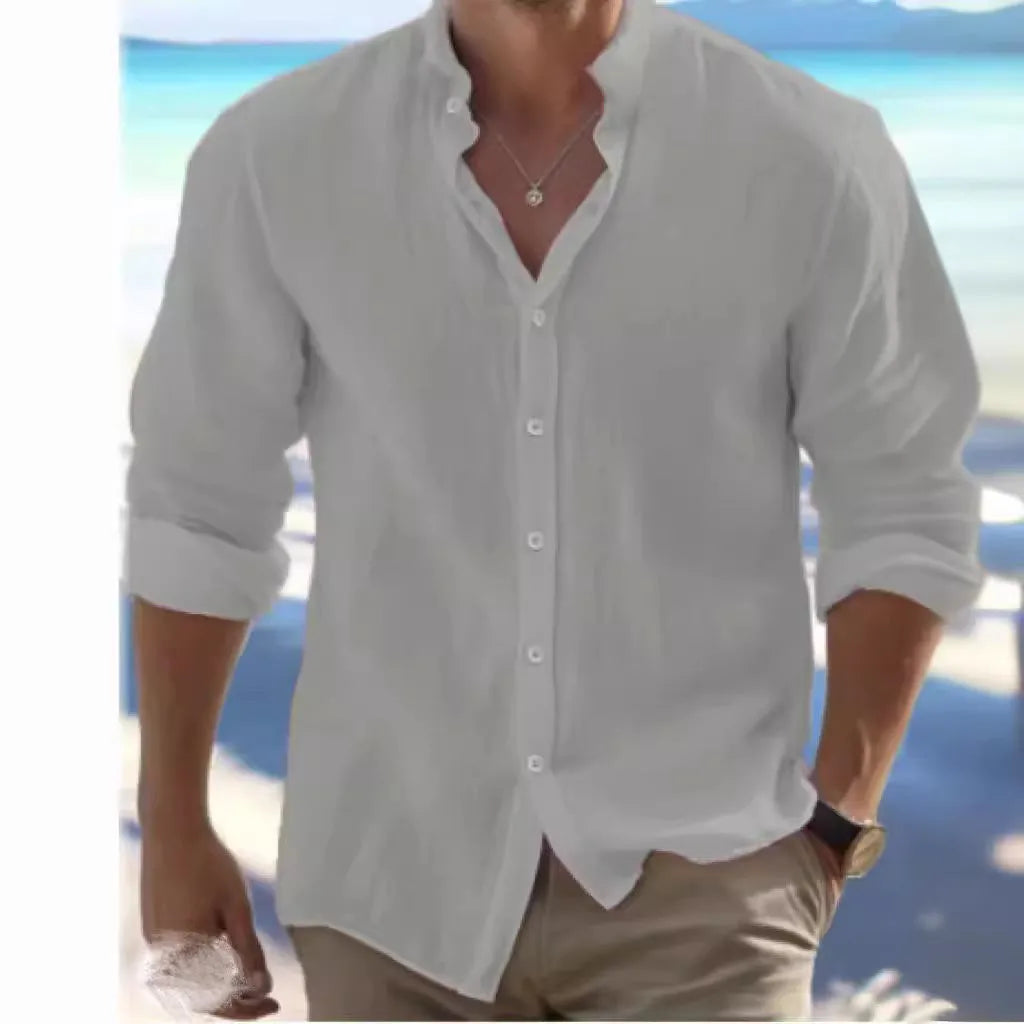 Men's long-staple cotton summer beach shirt in light grey with button front and casual pullover style