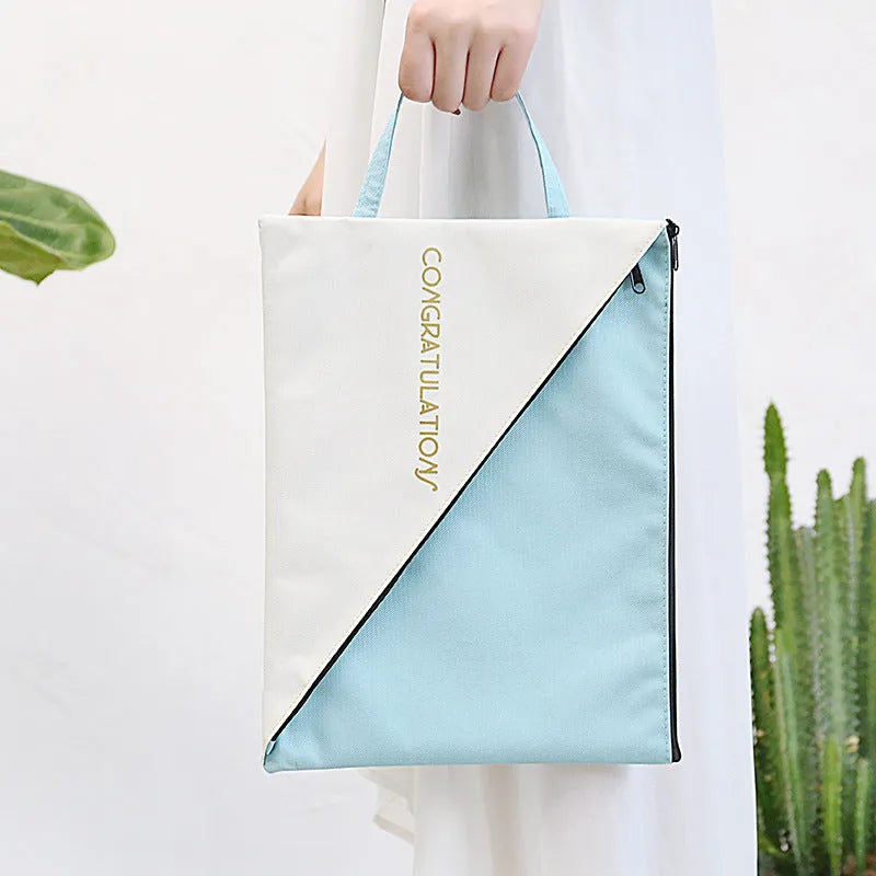 Blue Oxford cloth double-layer document storage bag with zipper closure