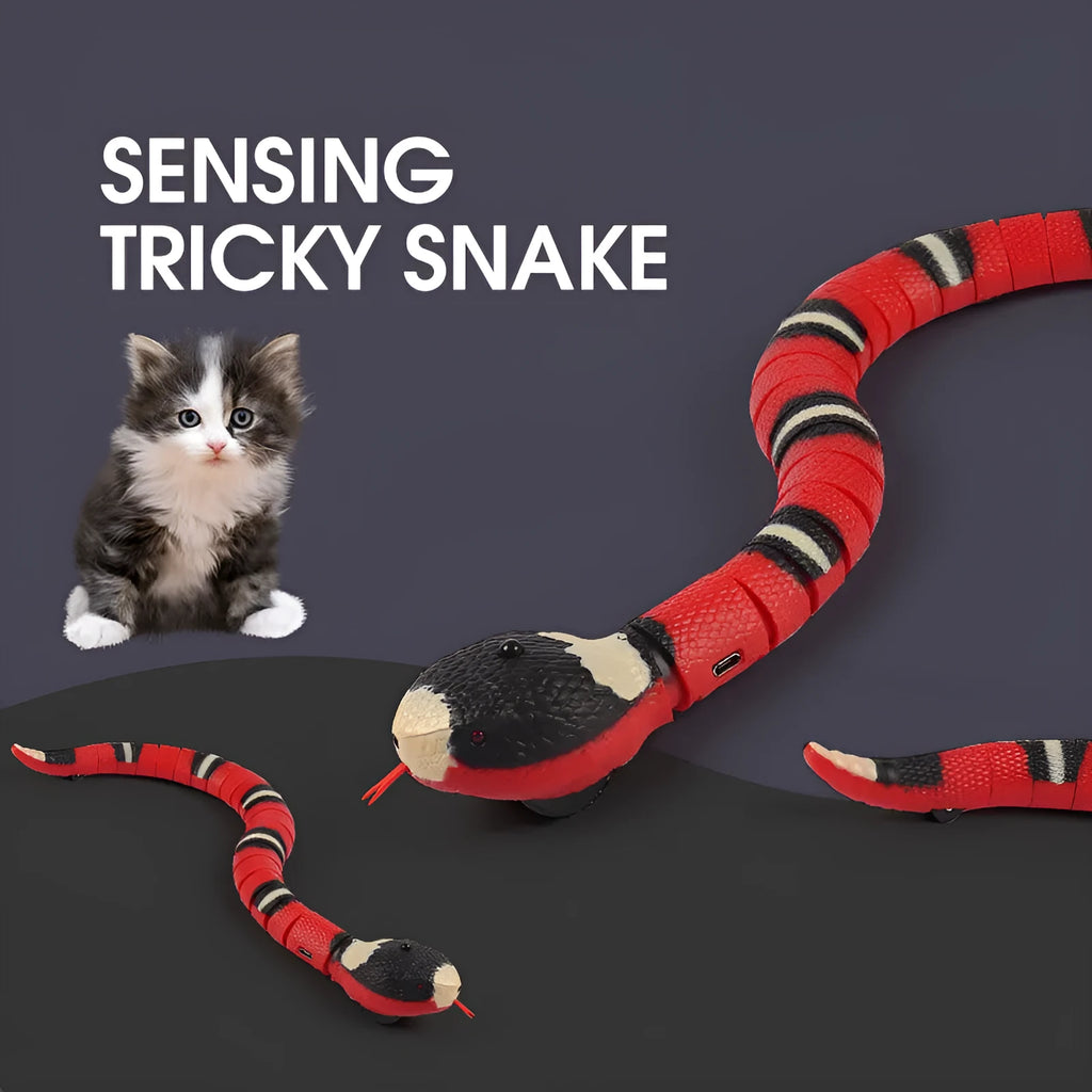 Smart sensing interactive electronic snake cat toy on a floor, showing segmented plastic body and USB charging port.