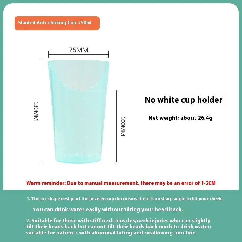 Adult bed drinking cup with oblique anti-choke mouth design and optional wrist splint attachment
