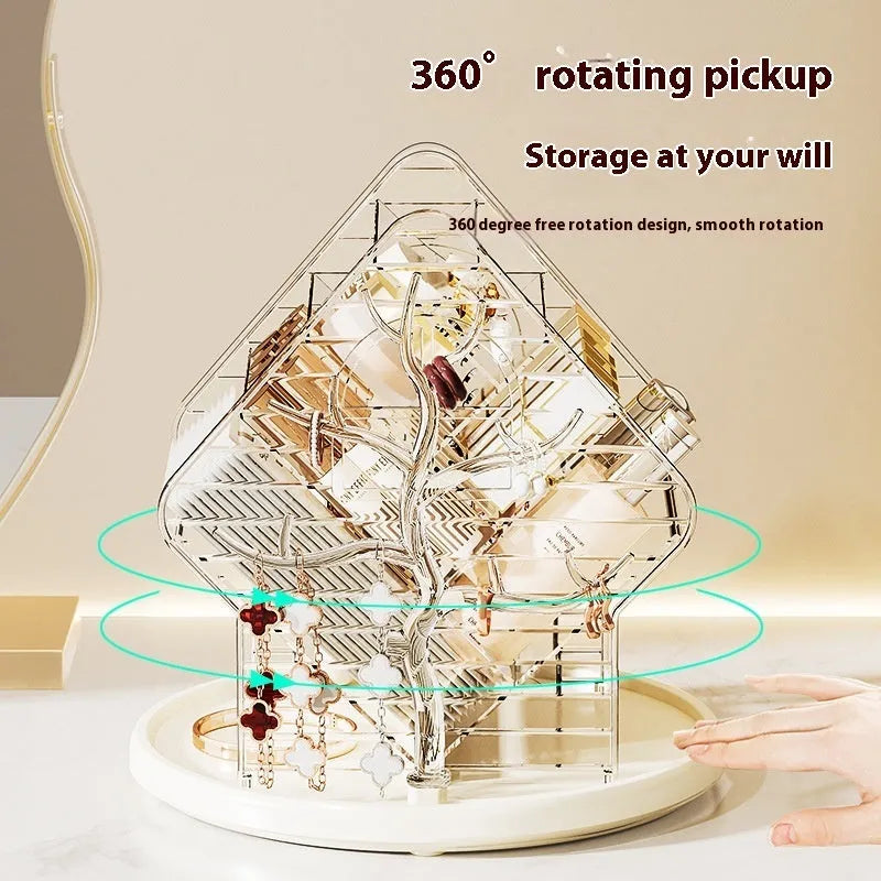 Rotating cosmetics storage box in clear or amber gold with 360-degree rotation mechanism