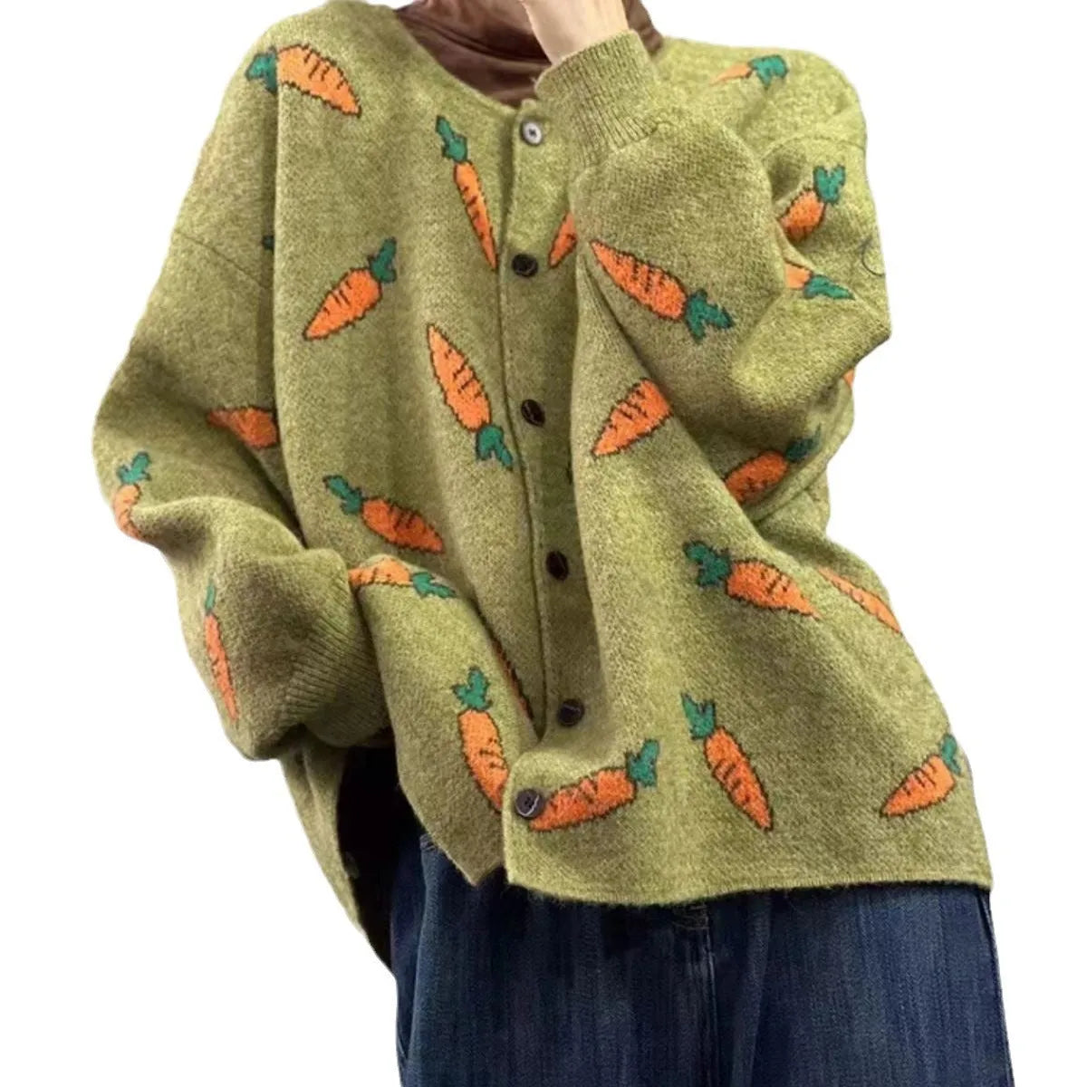 Loose artistic print cardigan sweater with colour contrast design and round neck