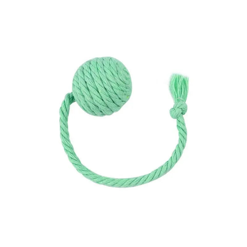 Cat toy ball with rope in four colours: green, pink, purple, and yellow