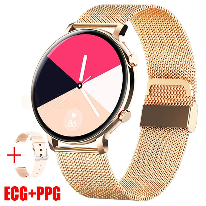 Silver stainless steel smartwatch with black screen showing heart rate data on a genuine leather strap.