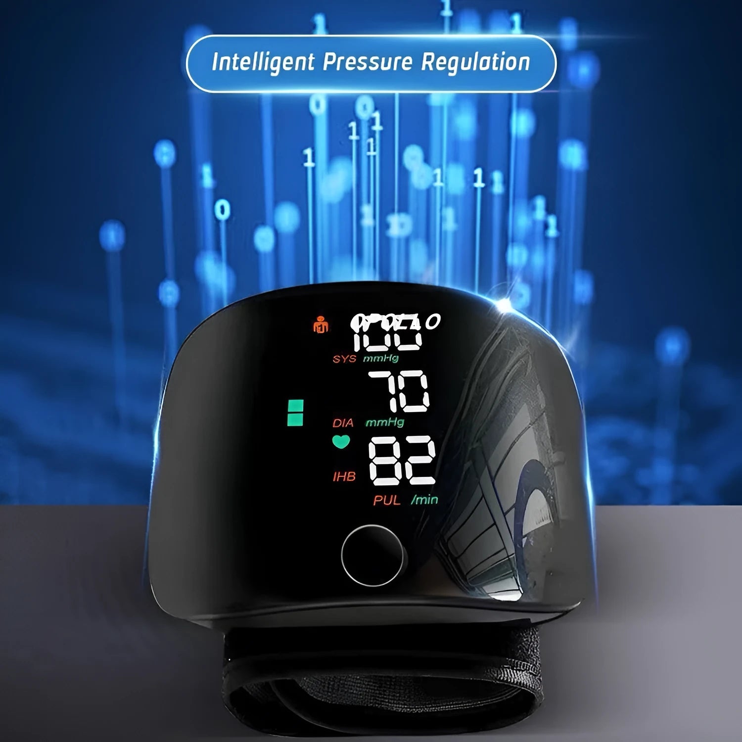 Black wrist blood pressure monitor with USB rechargeable port and multi-language voice function.