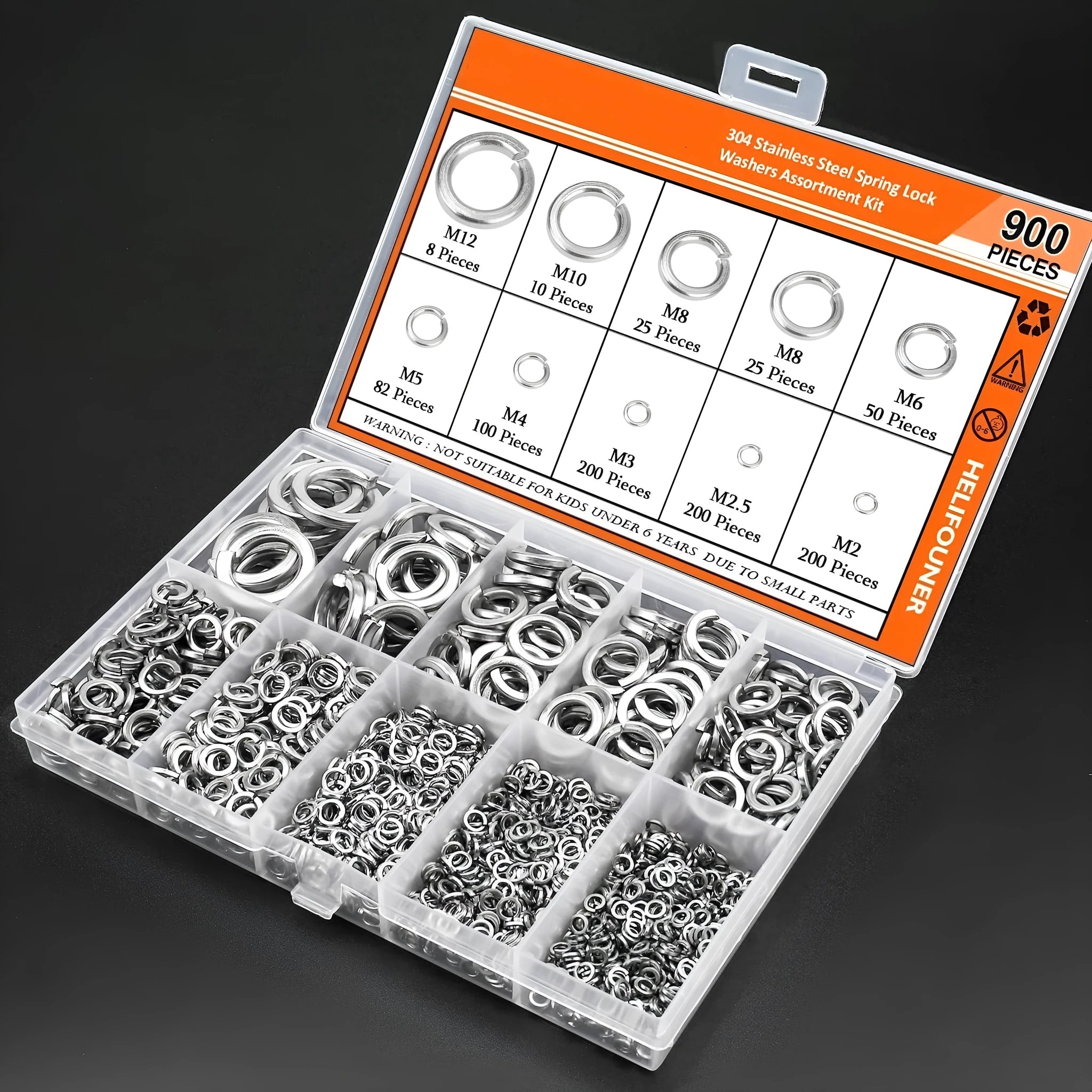 304 stainless steel spring lock washer combination box with 900 pieces in organised storage case