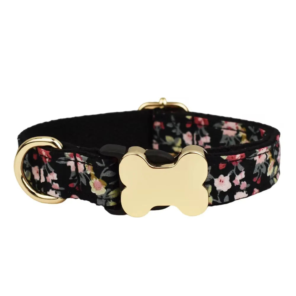 Flat fabric printed grid dog collar with bone buckle in multiple colour options
