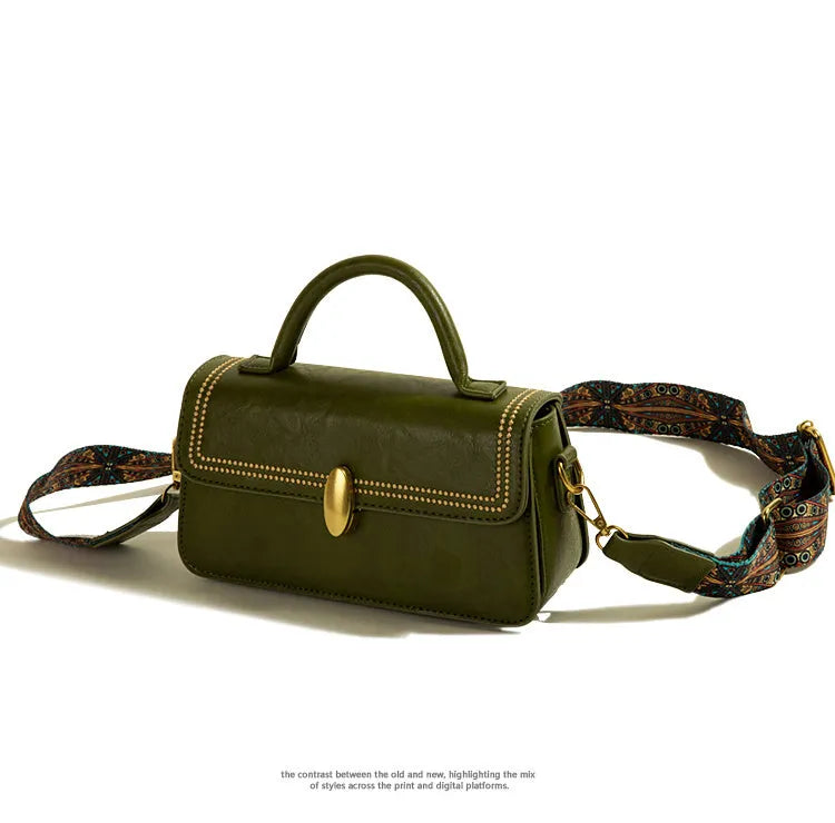 Brown retro messenger bag with square vertical shape showing mobile phone and file compartments