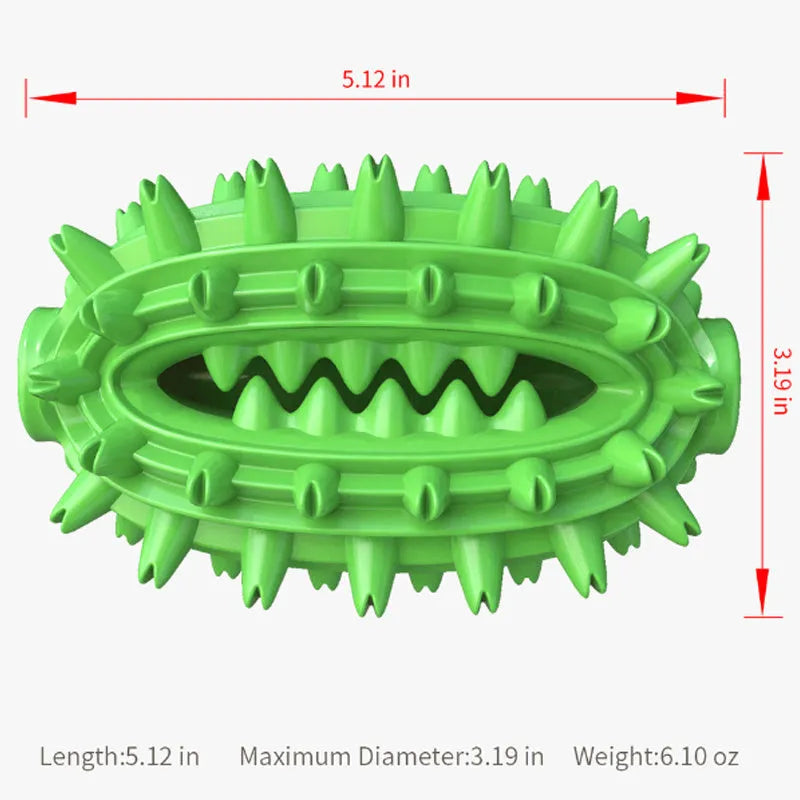 Green or yellow cactus-shaped dog chew toy for dental care, made from durable rubber.