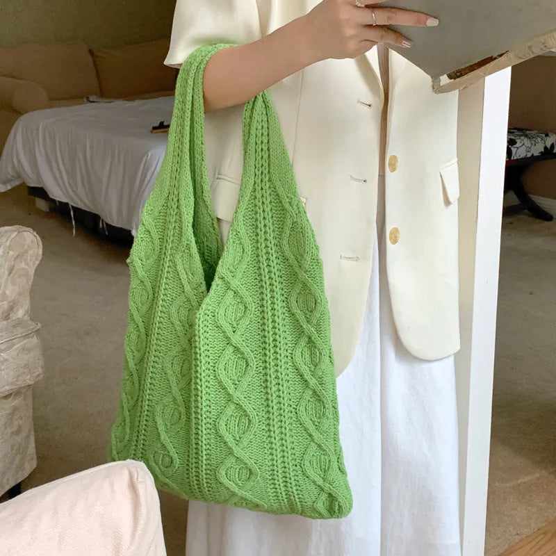 Retro woven shoulder tote bag with hollow knit design in solid colour with double straps
