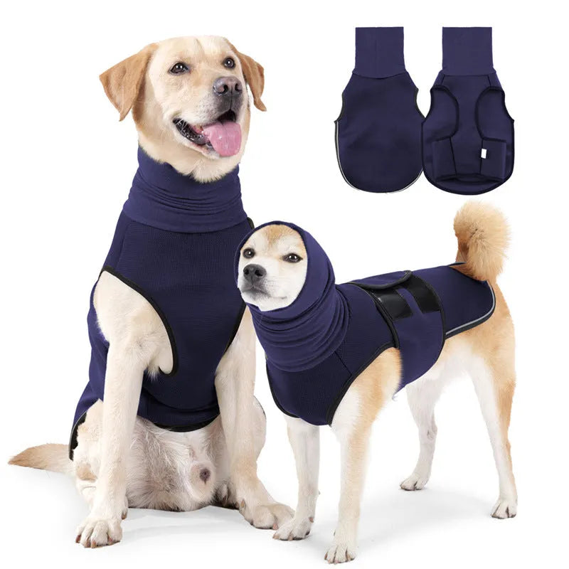 Dog wearing polyester anxiety jacket in army green for separation anxiety and thunderstorm phobia relief