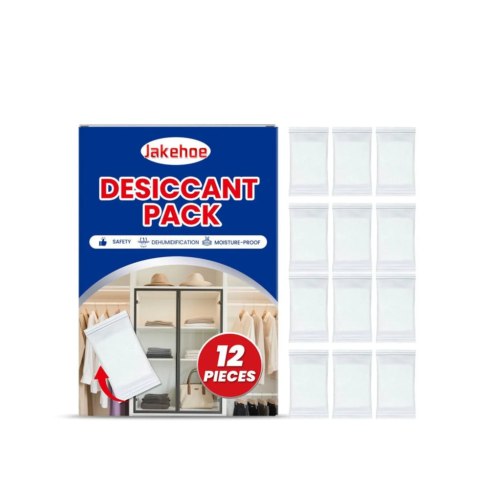 Pack of twelve white calcium chloride desiccant bags for household moisture control.