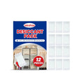 Pack of twelve white calcium chloride desiccant bags for household moisture control.