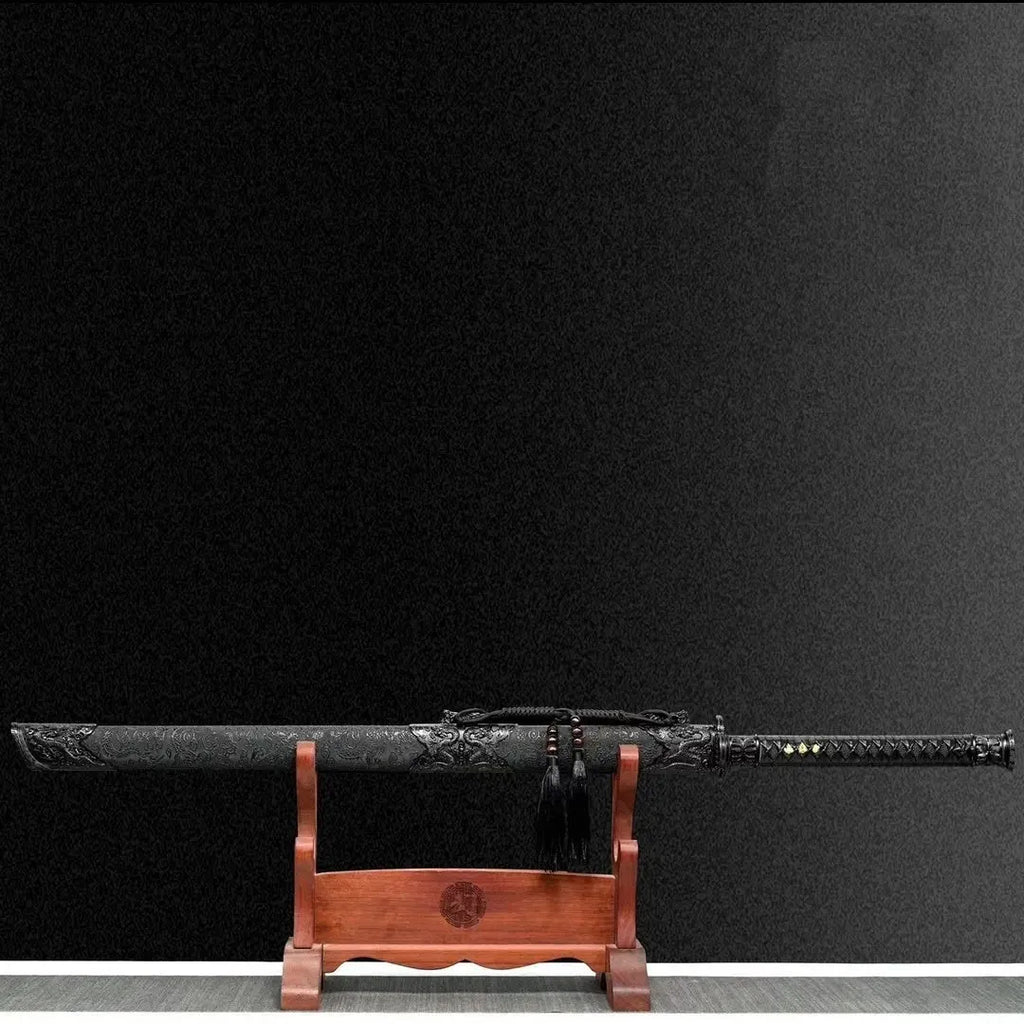 Liuying Tang Dynasty horizontal sword with 65 manganese steel blade and leather-covered wood scabbard on white background