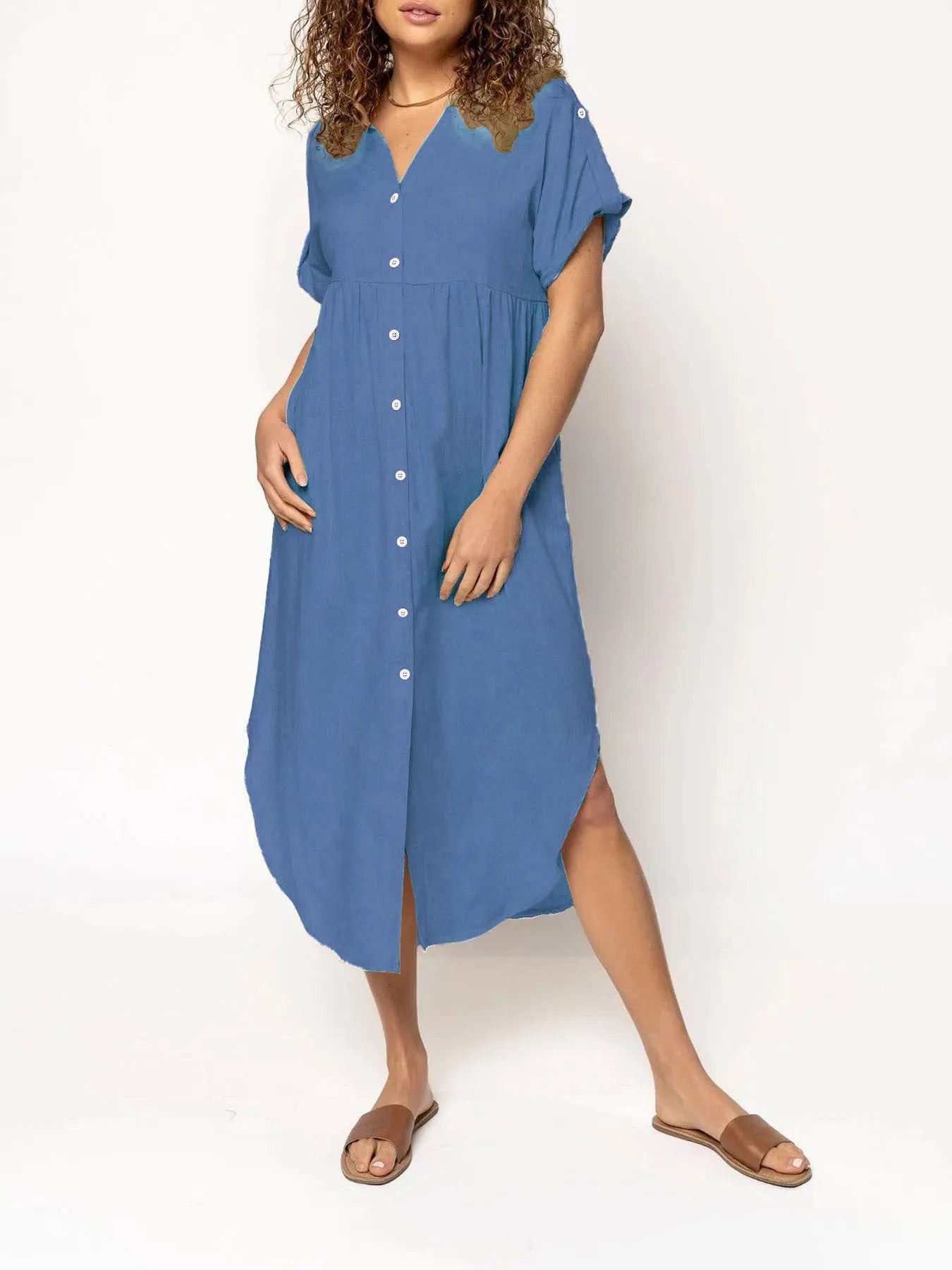 Loose temperament mid-length casual dress with button detailing in polyester fabric