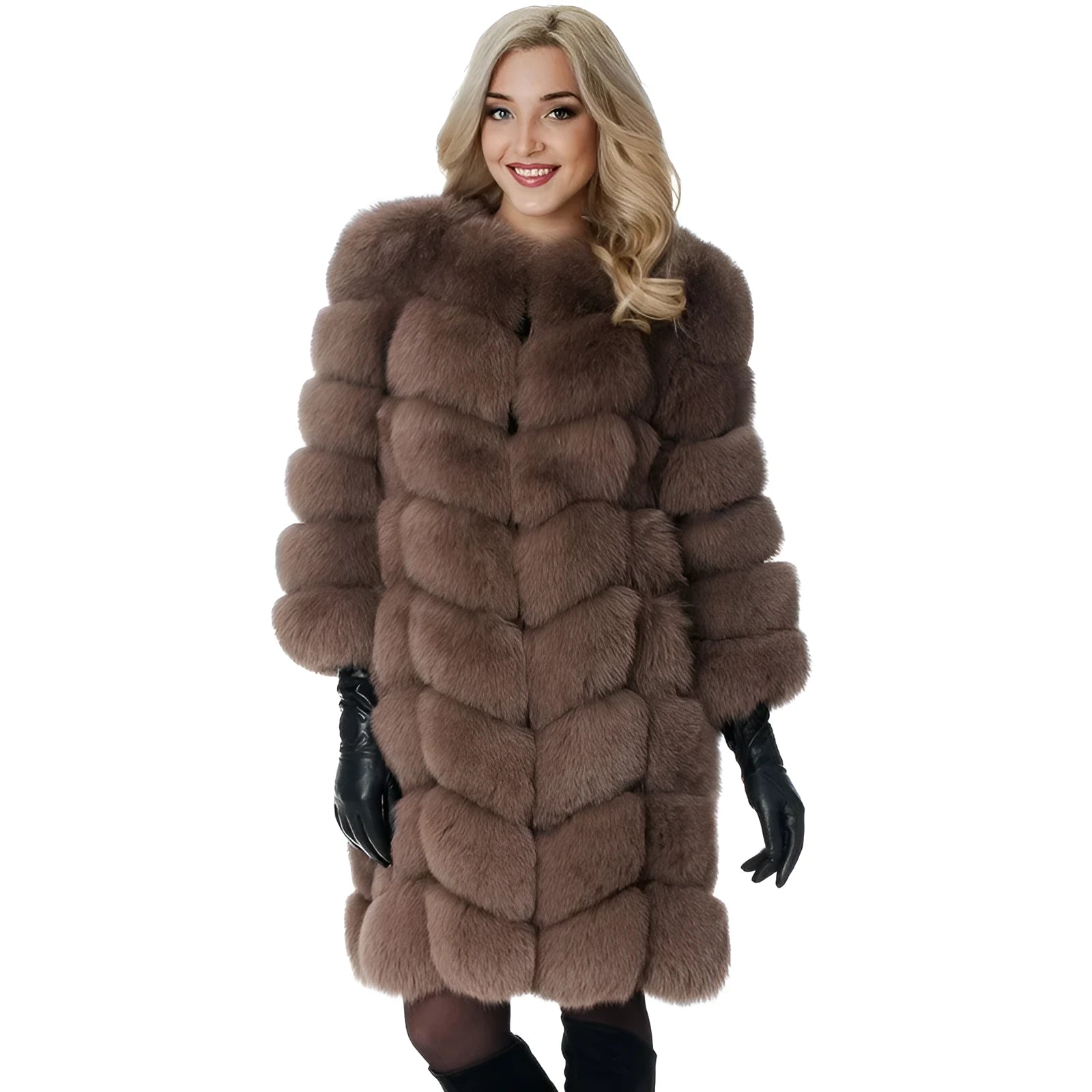 Women's long artificial fur coat in wine red colour on a hanger