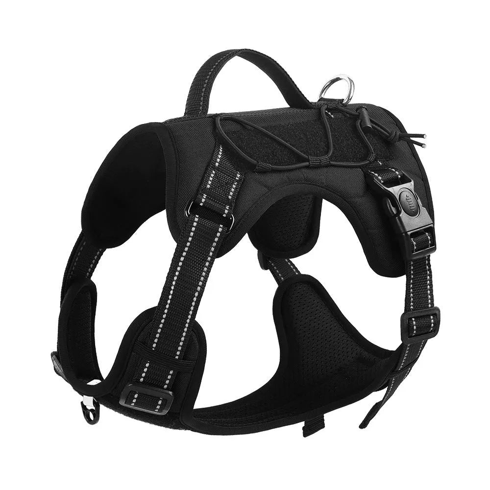 Orange explosion-proof dog harness vest with reflective strips and a black hand grip rope attached.