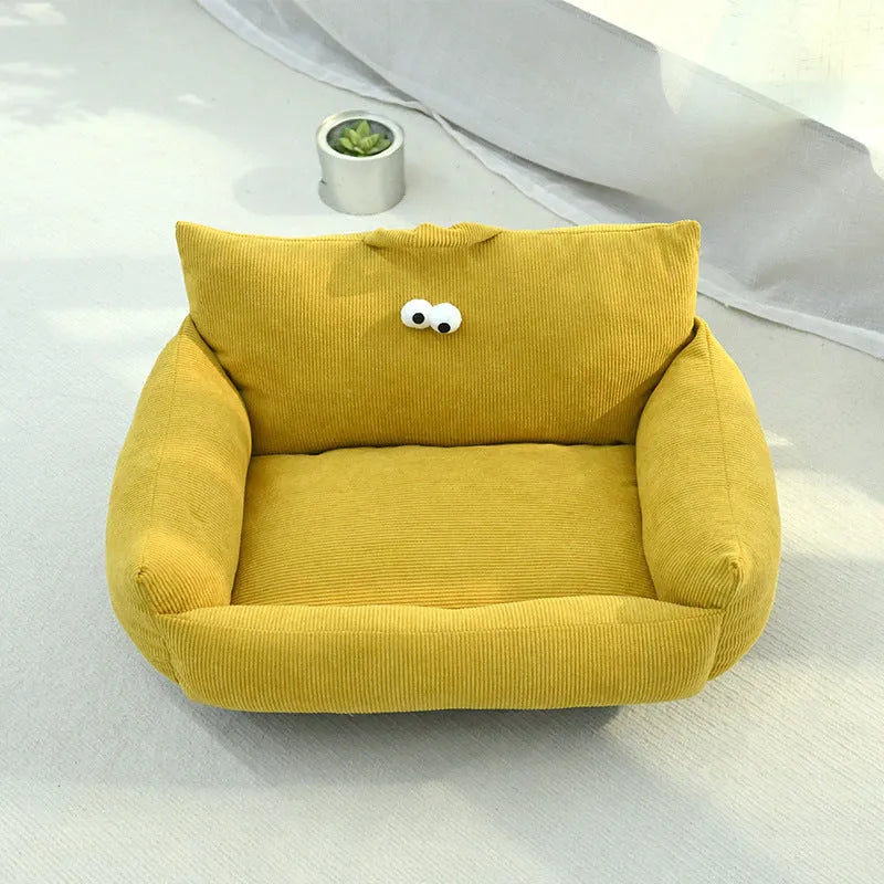 Warm puppy sofa kennel with cartoon eyes in blue colour, small size 55x45cm