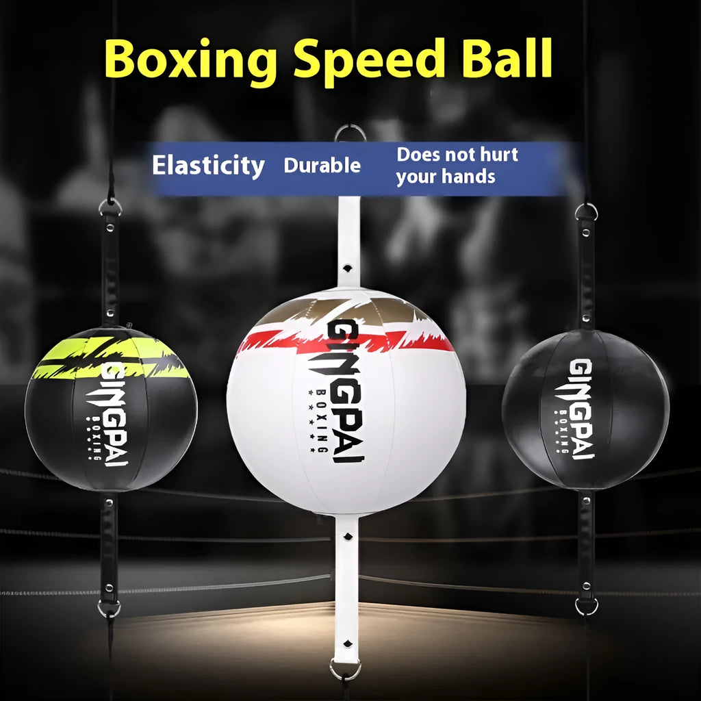 Black hanging boxing speed ball made of PU leather for reaction training.