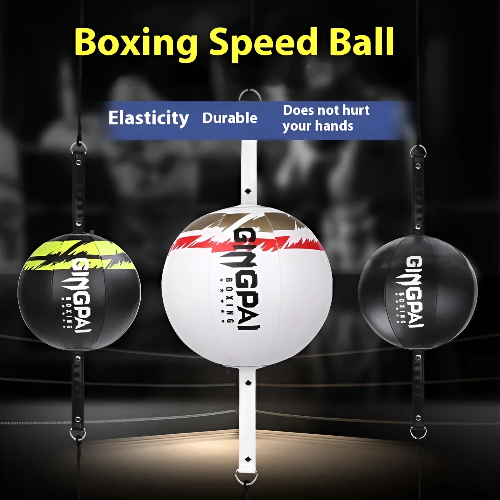 Black hanging boxing speed ball made of PU leather for reaction training.