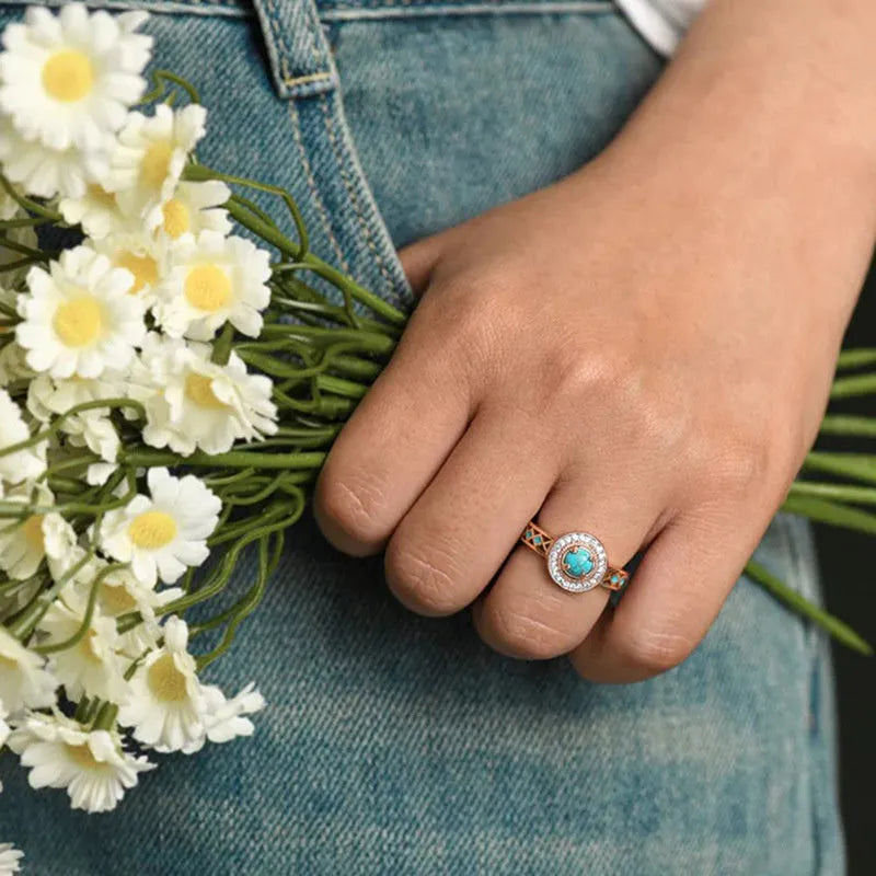 Women's turquoise ethnic style ring with oil micro inlaid zircon in rose gold geometric design