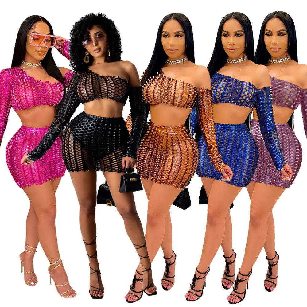 Women's black net hole hollow-out two-piece dress set with sleeveless top and short skirt