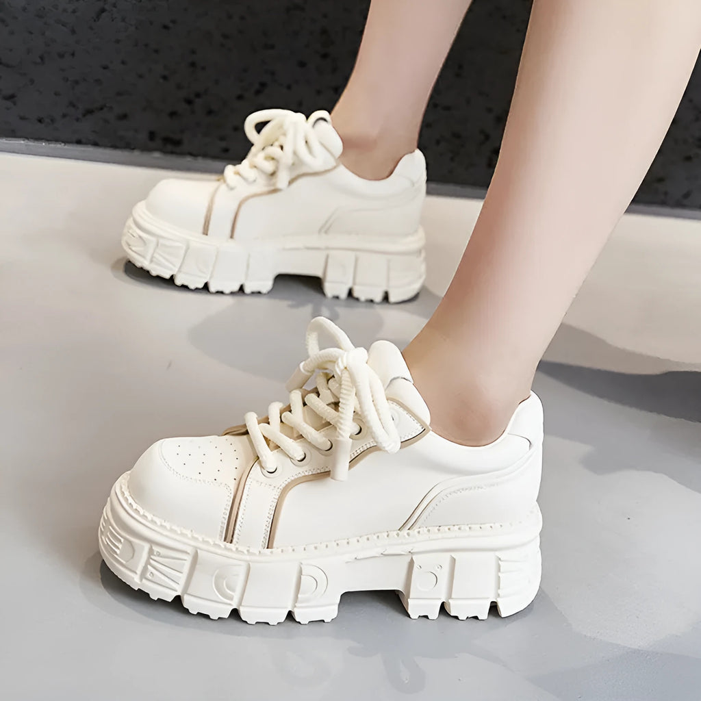 Spring casual leather shoes with muffin bottom design in beige and pink colours