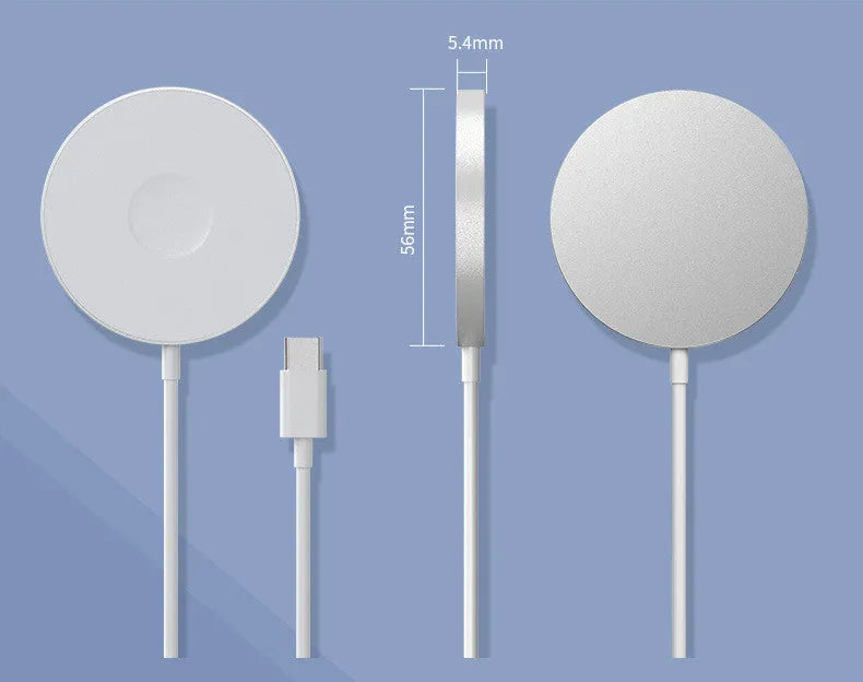Mini magnetic three-in-one wireless charger in silver with Type-C port on desk next to devices