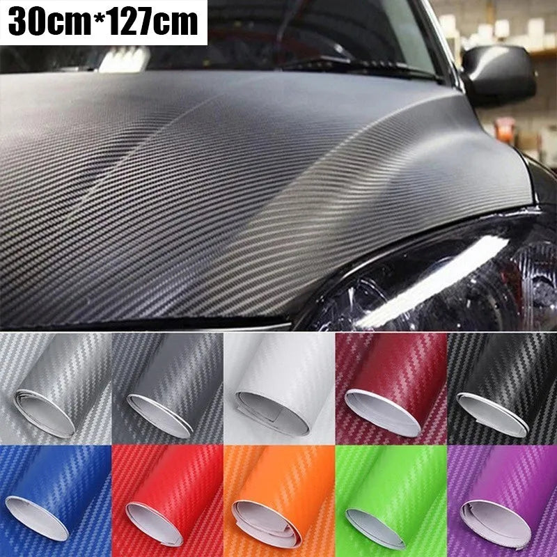 Roll of 3D carbon fibre car stickers showing textured pattern in multiple colour options