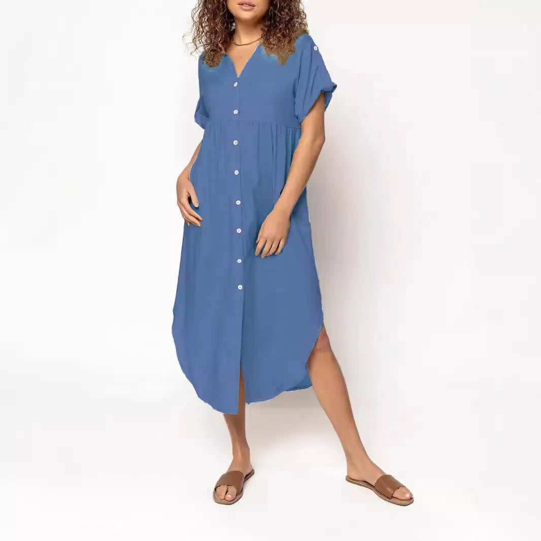 Loose temperament mid-length casual dress with button detailing in polyester fabric