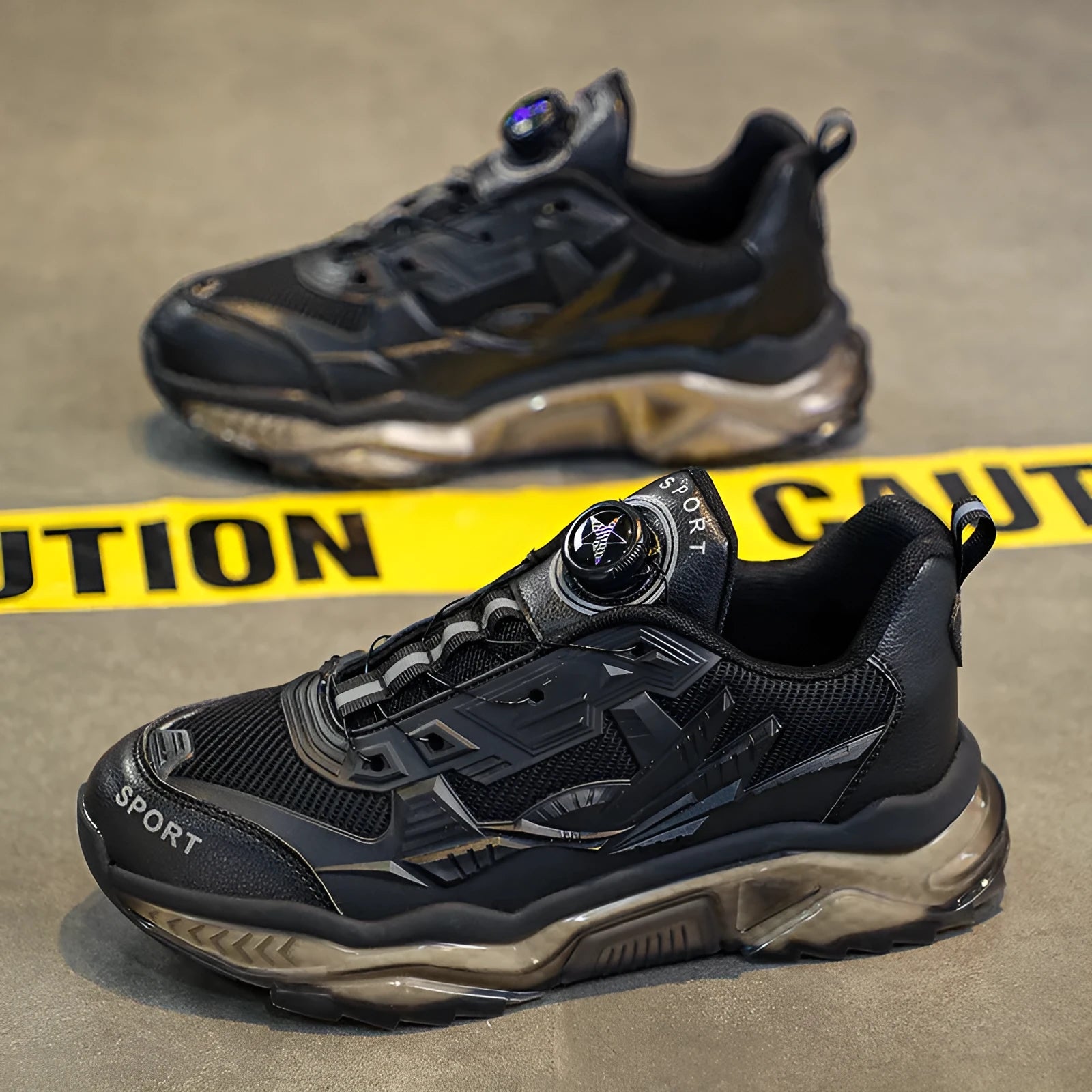 Men's black rotating button dad shoes with mesh upper and platform sole on a white background.