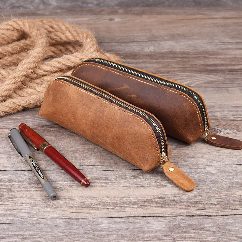 Handmade leather pencil case with zipper in black brown dark brown yellow colours