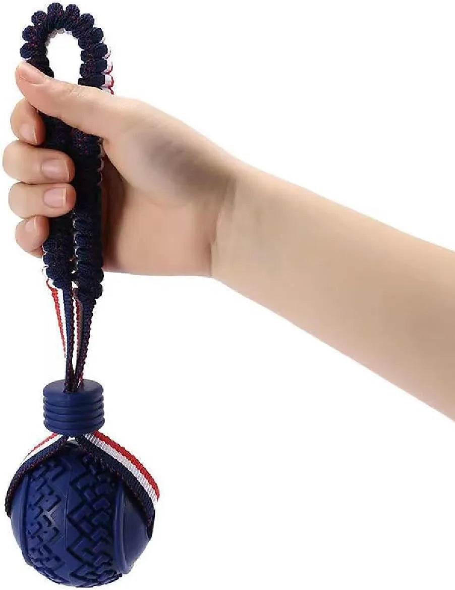 Blue rubber dog ball with rope handle for tug-of-war and teeth cleaning