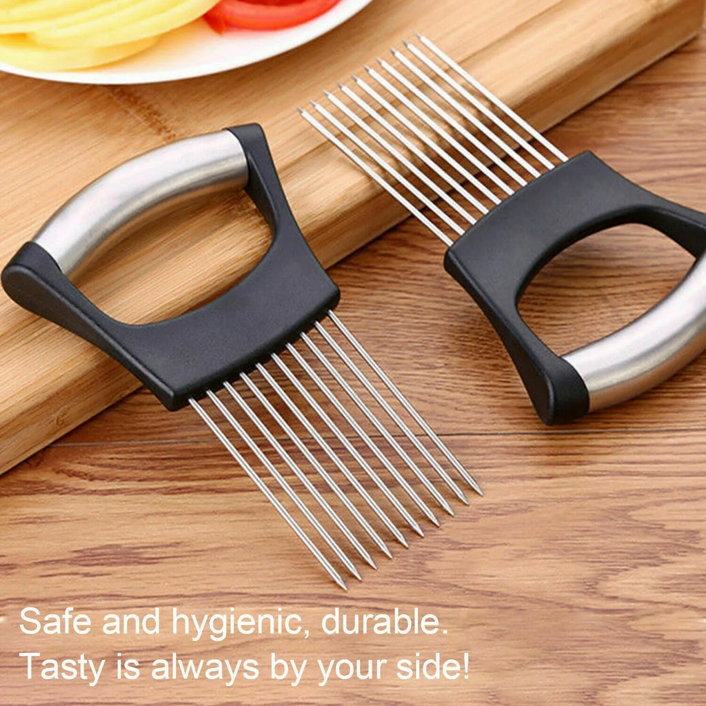 Stainless steel onion and tomato slicer holder with ABS handle on a kitchen counter