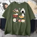 Men's black cotton t-shirt with cute cat sushi cartoon print, loose fit short sleeve design