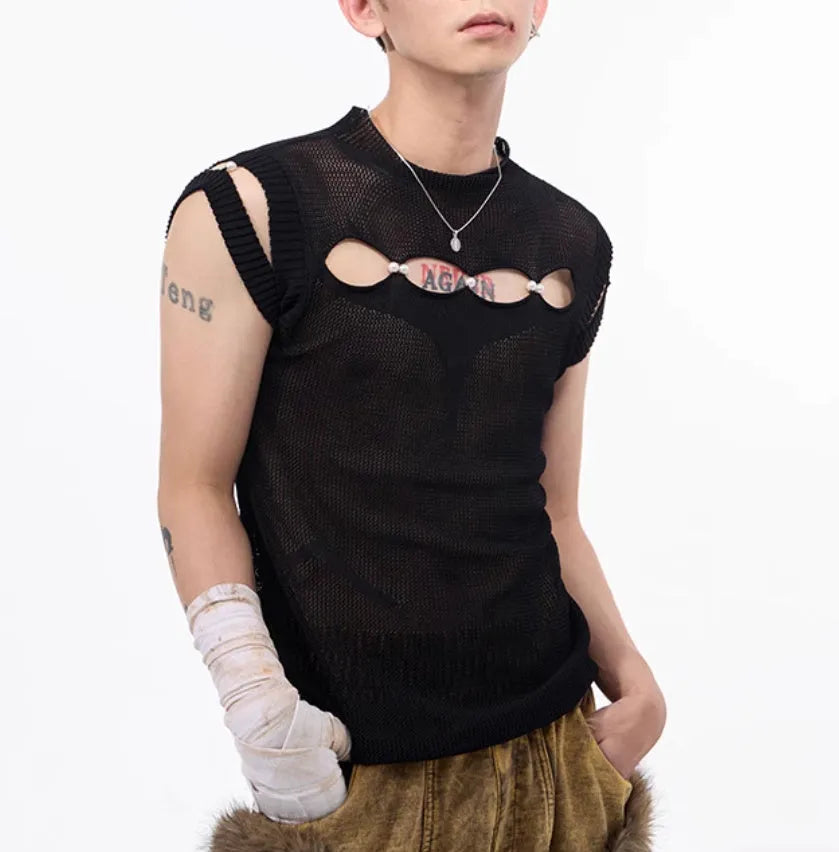 Dark hollow-out knitmesh sleeveless T-shirt in black with round collar and regular length