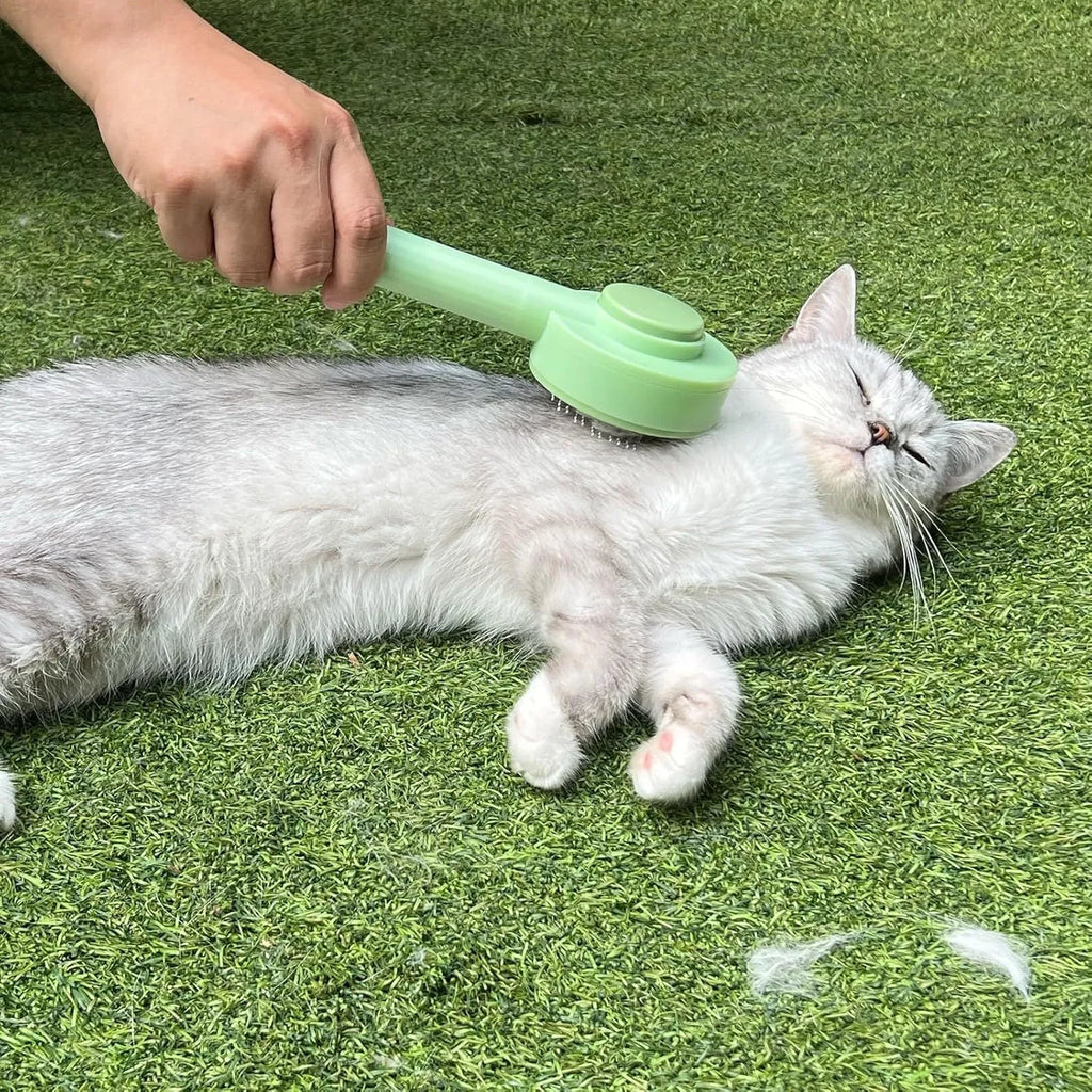 Green pet grooming brush with stainless steel teeth and hair removal function for cats and dogs