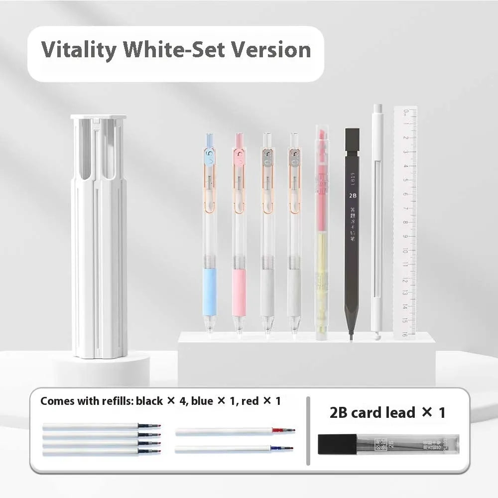 Plastic six pens pencil box kit with pressing pen in Sky Blue, White, or Pink colours.