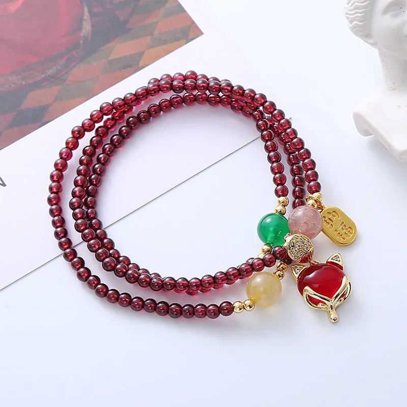 Purplish red garnet fox bracelet with adjustable string for women