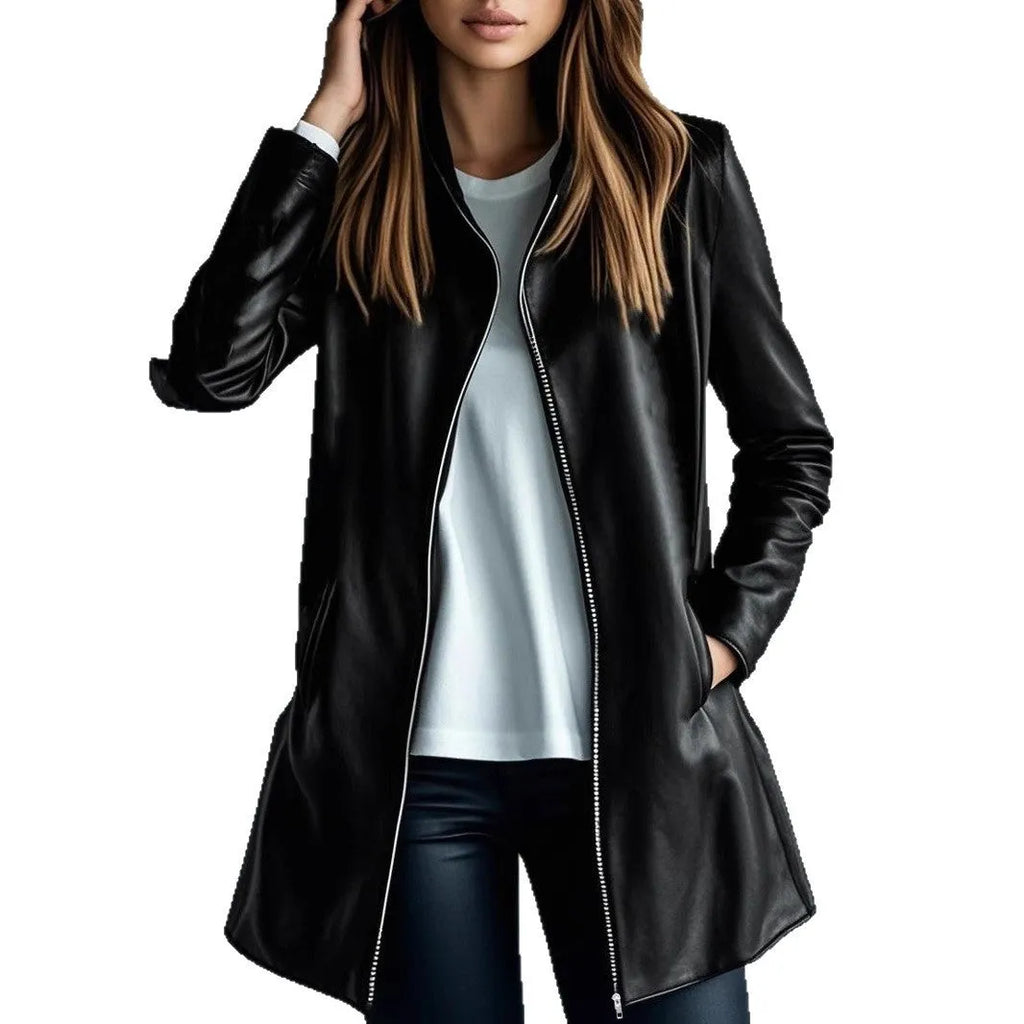 Women's black medium-length leather jacket with long sleeves on hanger