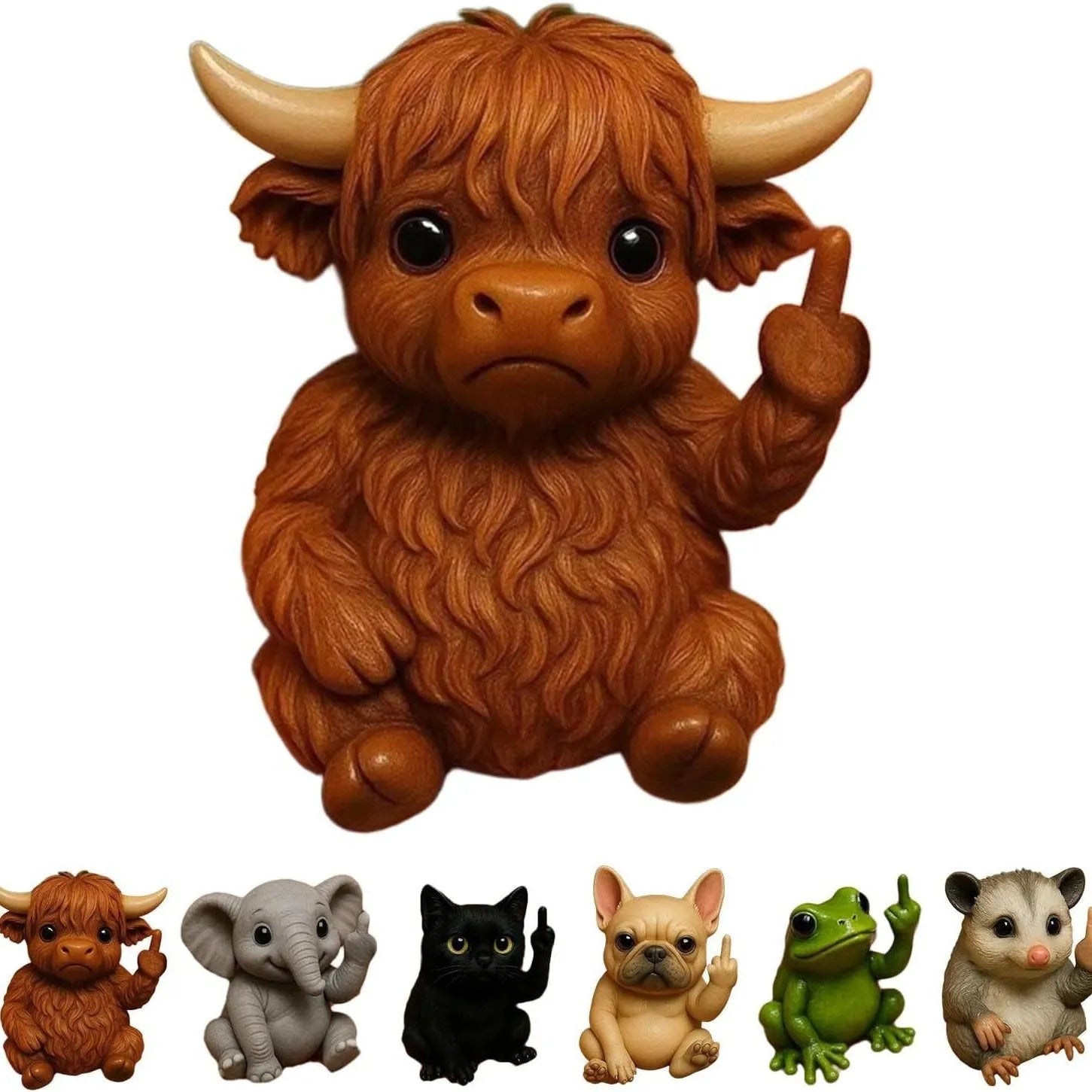 Mini resin animal doll with raised middle finger in dog, cat, elephant, frog, mouse, turtle, or Highland cattle style.