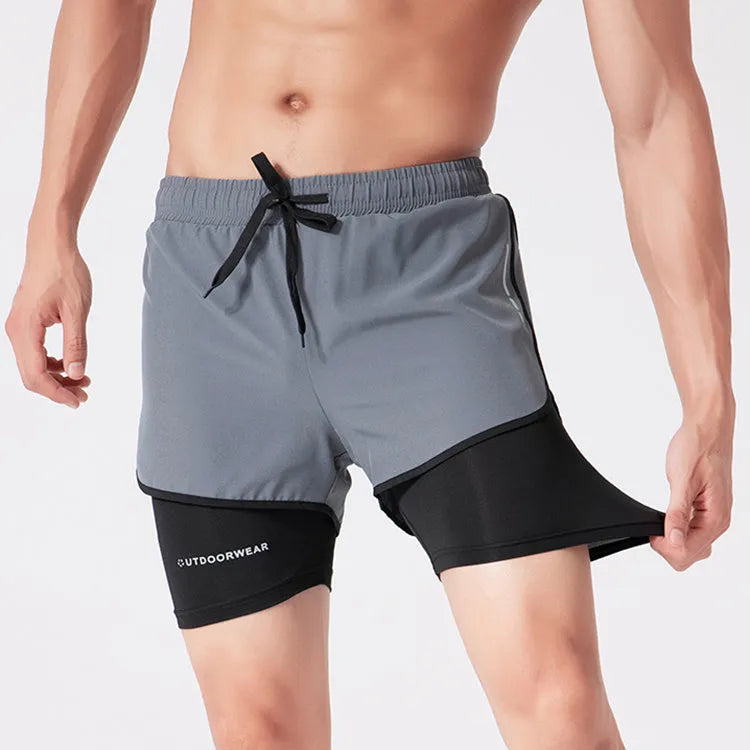 Men's double layer quick dry sports shorts with spandex liner, polyester outer, elastic waistband, available in gray, black, blue, black and white sizes M to 6XL