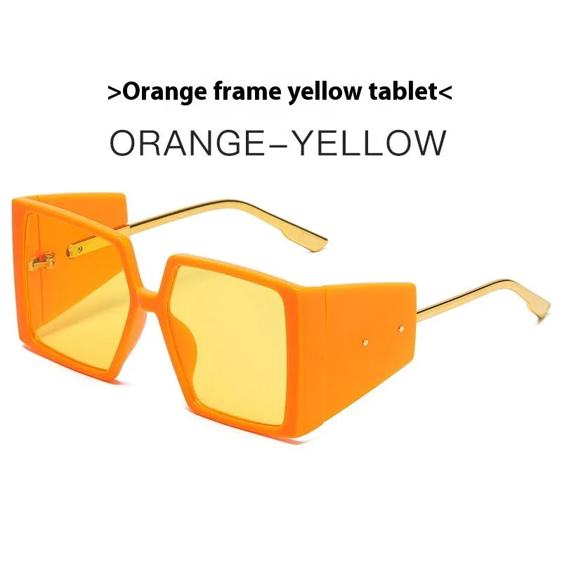 Large square frame sunglasses showing seven colour options including black, blue, champagne, orange, green, white and hawksbill
