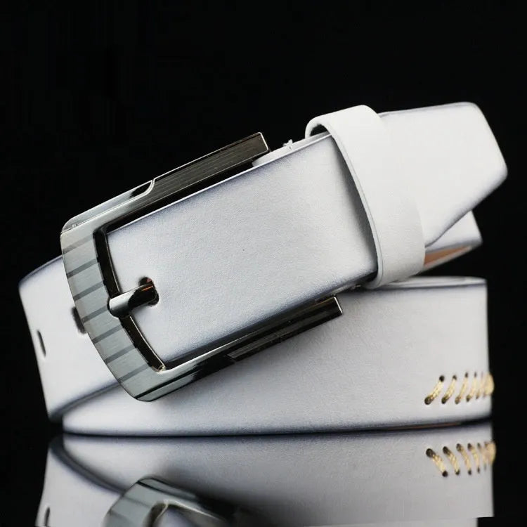 Men's threading casual student pin buckle belt in imitation leather with alloy buckle