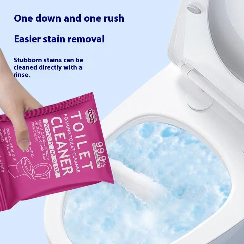 Toilet bubble powder in blue ocean and pink floral fragrances for descaling and anti-blocking
